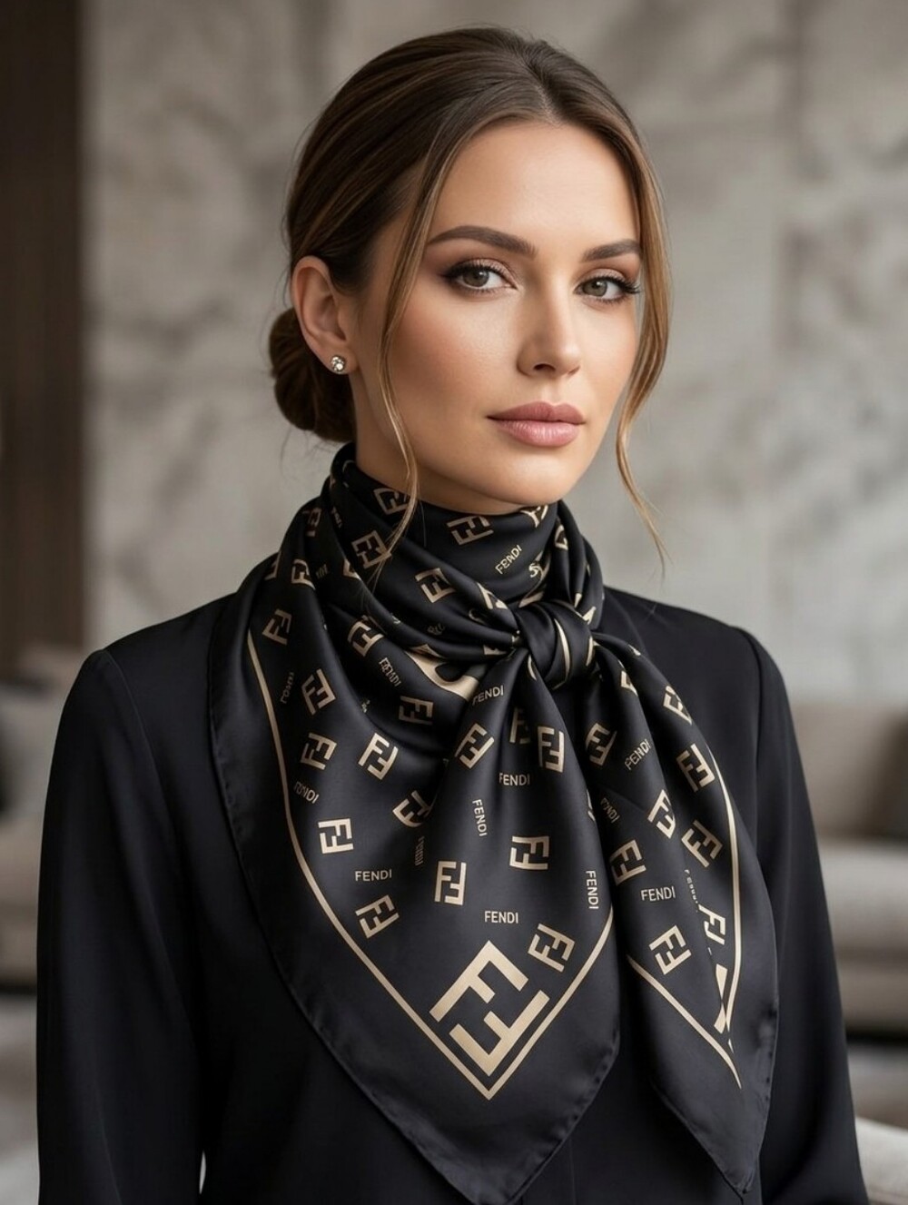 VINTGAE Fendi Black and Taupe Monogram Silk Square Scarf From The 90's